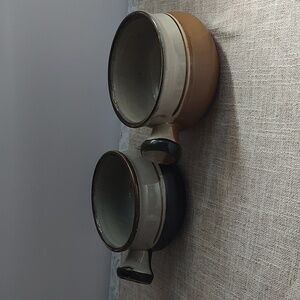 Vintage Made in Korea Speckled Stripe Pottery  MCM SOUP BOWL W/ HANDLE Set 2